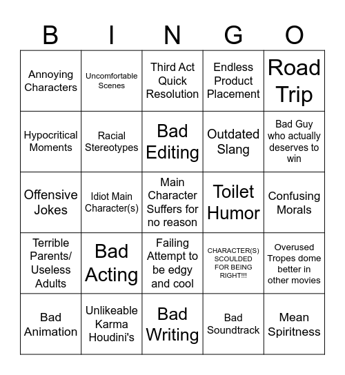 Bad Family Movie Bingo Card