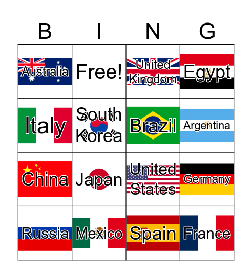 Countries Around The World Bingo Card