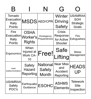 USAMRAA Safety Bingo Card