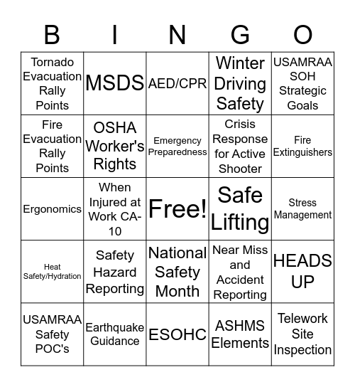 USAMRAA Safety Bingo Card