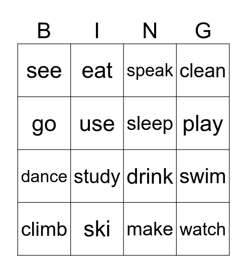 Action verbs Bingo Card