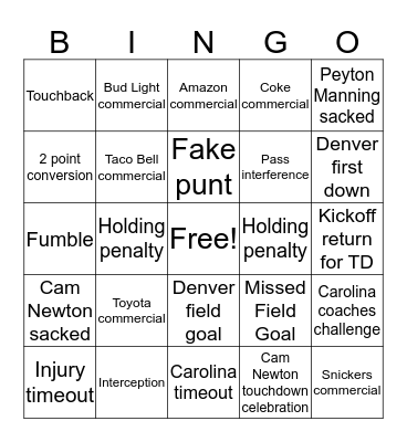 Super Bowl 2016 Bingo Card