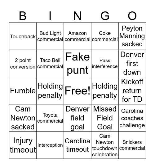 Super Bowl 2016 Bingo Card