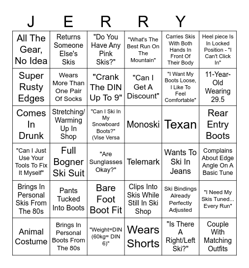 Ski Shop Bingo Card