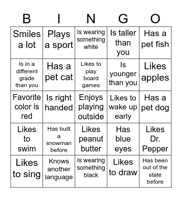 Getting To Know You Bingo Card