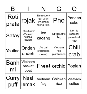 Singapore and Vietnam Bingo Card