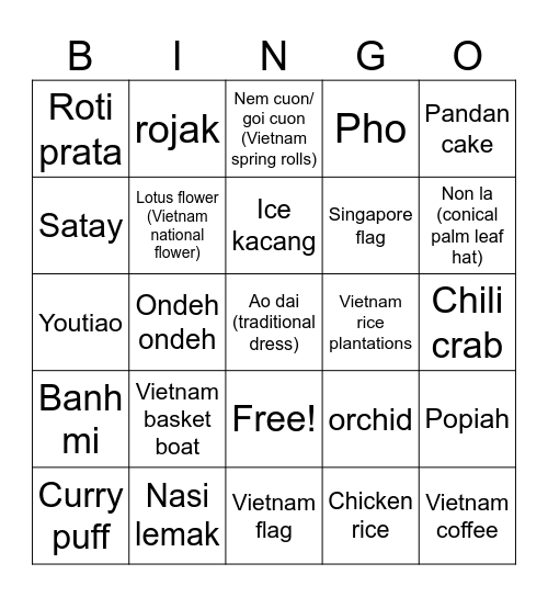 Singapore and Vietnam Bingo Card