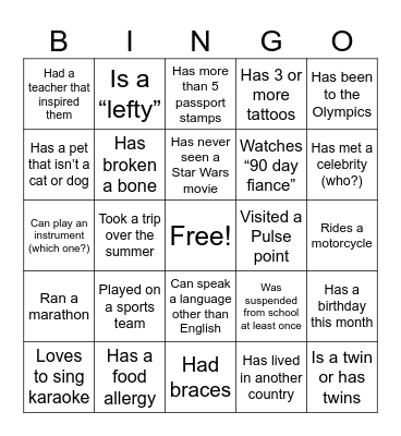 Team Building Bingo Card