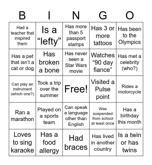 Team Building Bingo Card