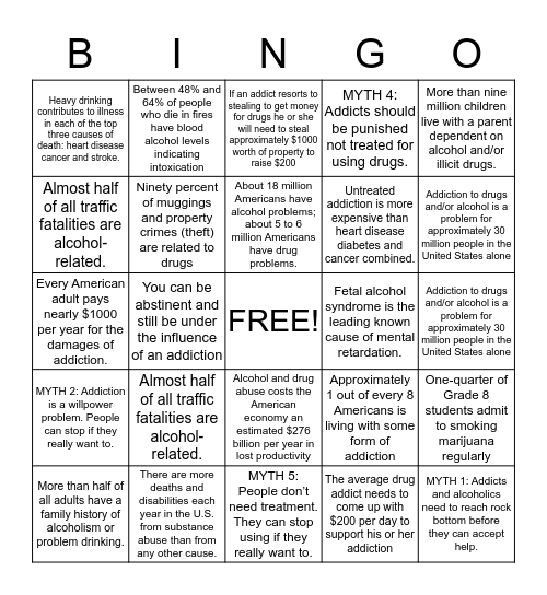 Addiction facts Bingo Card