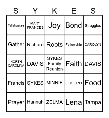 Sykes Family Bingo Card