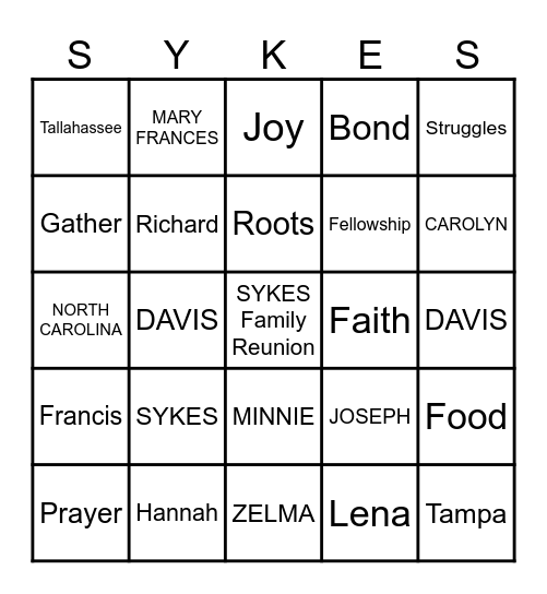 Sykes Family Bingo Card
