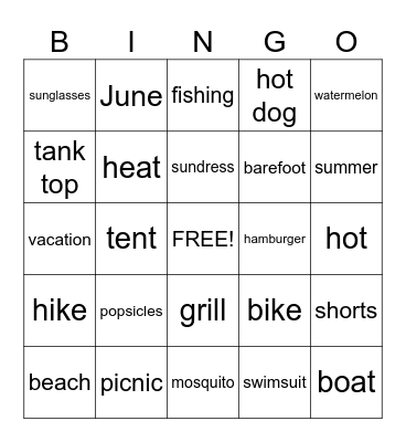 Summer Words Bingo Card