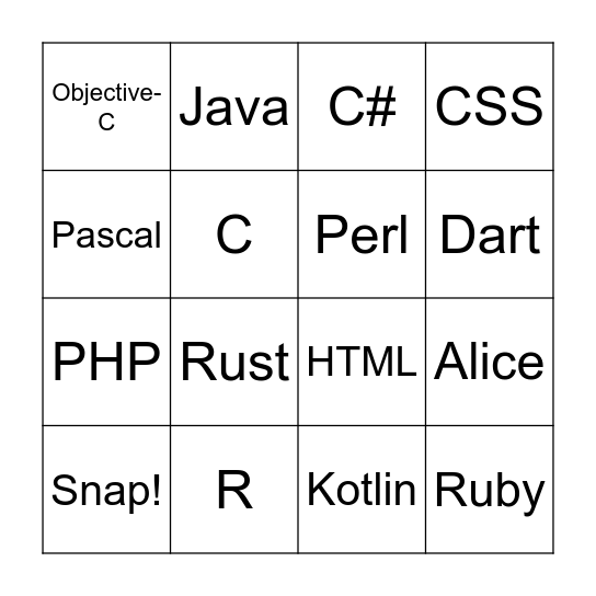 CS Programming Languages Bingo Card