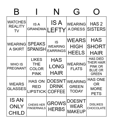 GIRLS NIGHT OUT PEOPLE BINGO Card