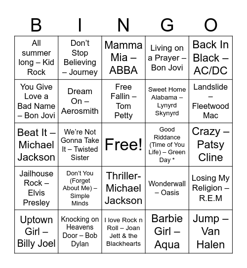 Music Bingo Card
