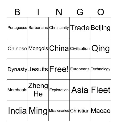 Chinese Exploration Bingo Card