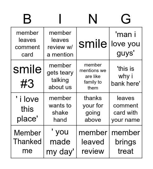 Member Service Bingo Card