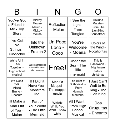 Disney Music Bingo Card