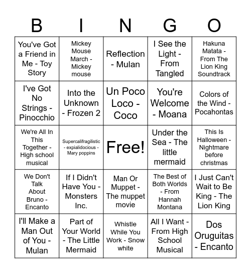 Disney Music Bingo Card