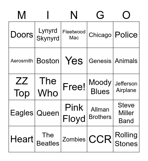 Rock Bands Bingo Card