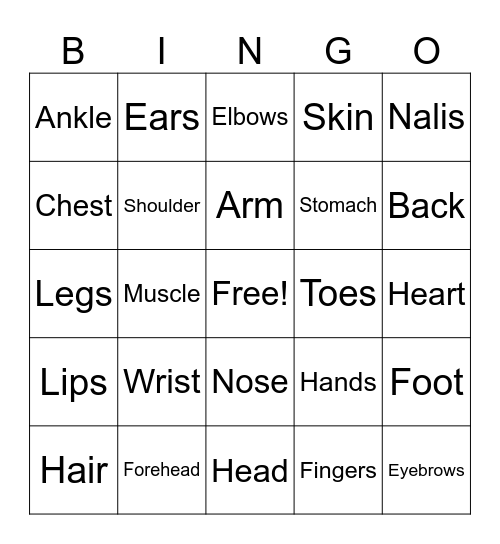 Body Parts Bingo Card