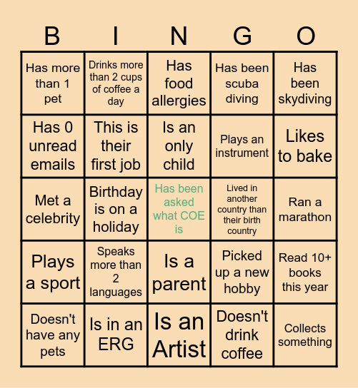 COE Bingo Card