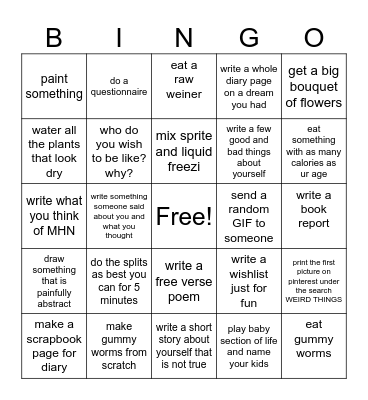 bored day activities Bingo Card