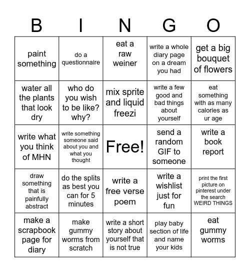 bored day activities Bingo Card