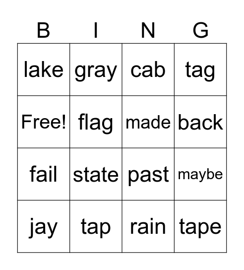 Short a / Long  a Bingo Card