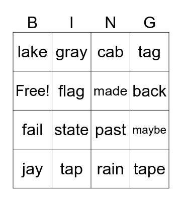 Short a / Long  a Bingo Card