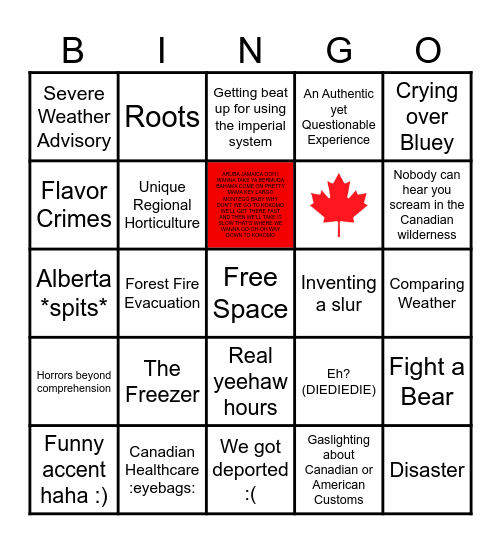 Blevins + Colin Canada Trip 2023 Bingo Card