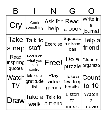 Coping Skills Bingo Card