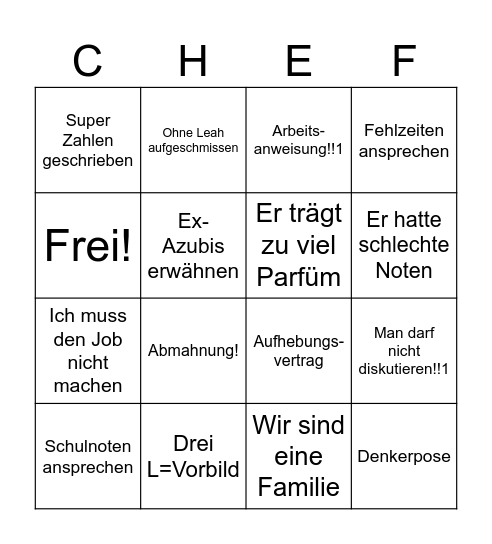 Chef Bingo Card