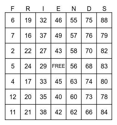 Traditional Friends Bingo Card