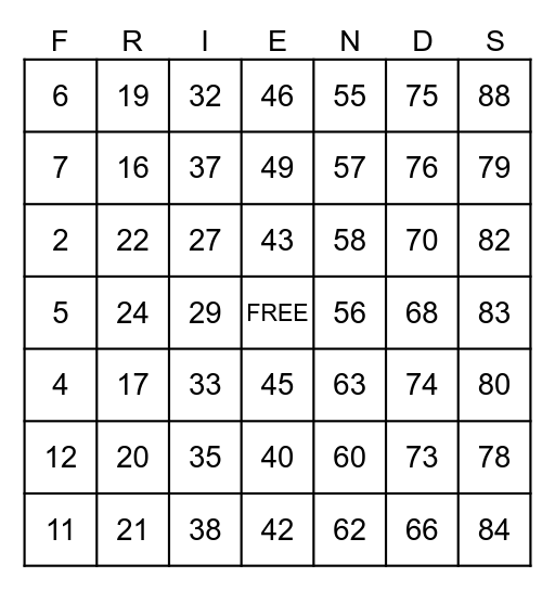 Traditional Friends Bingo Card