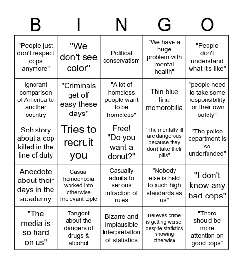 Conversation with a Cop Bingo Card