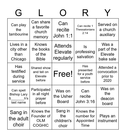 Elevate Church GLORY Bingo Card