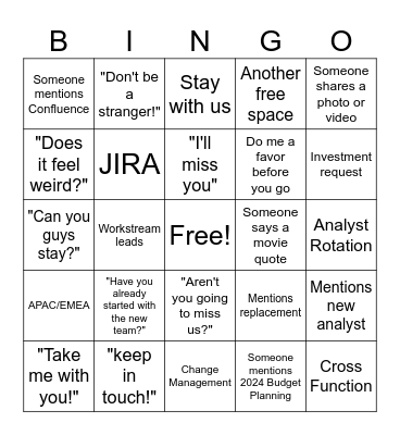 Analyst Farewell Bingo Card