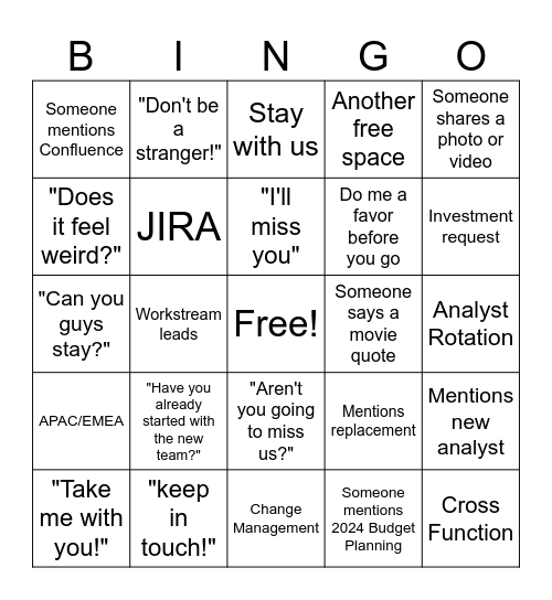 Analyst Farewell Bingo Card