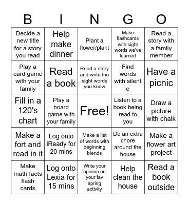 April Homework Bingo Card