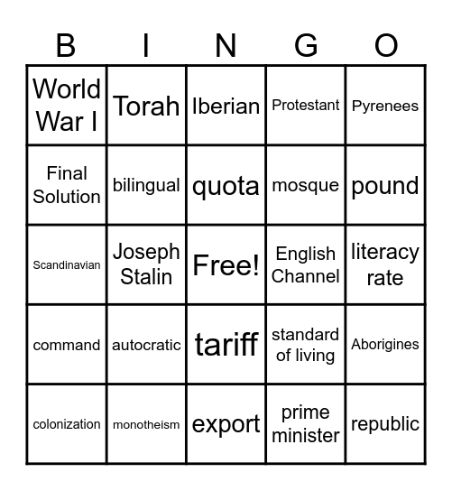 Grade 6 Social Studies Bingo Card