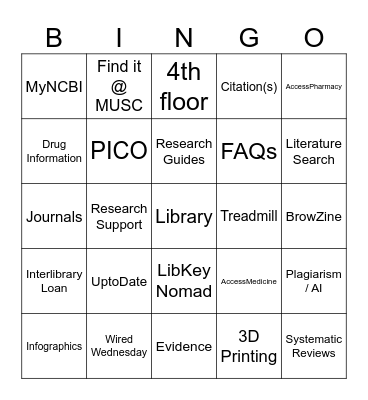 Pharmacy Resident Library Orientation Bingo Card