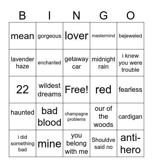 Taylor Swift Bingo Card