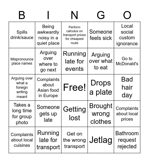 family trip drama Bingo Card