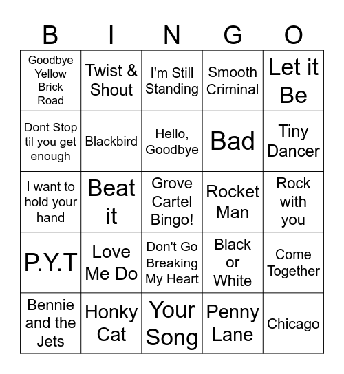 Elton, MJ and The Beatles Bingo Card