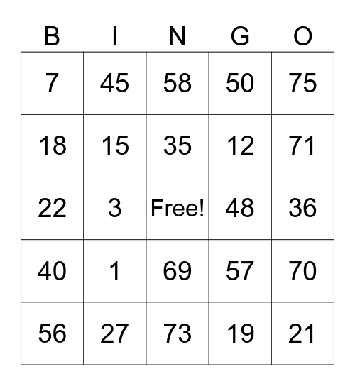 Number Bingo 1-75 Bingo Card