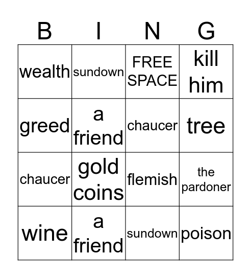 The pardoner's bingo Card