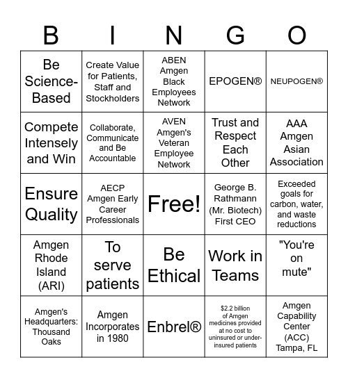 2023 Amgen National Intern Day Bingo Card