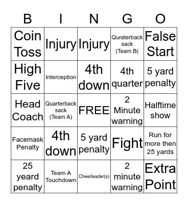 Super Bowl Sunday Bingo Card